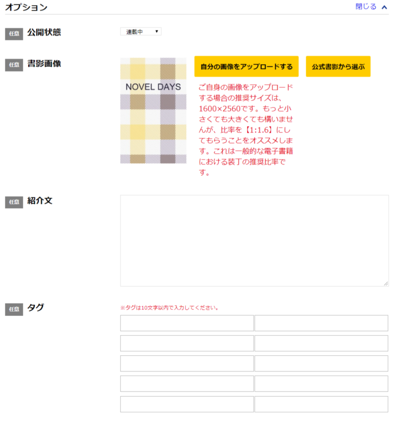 ノベルデイズの小説情報オプション
